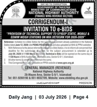 Newspaper clipping: NHA Corrigendum: e-Bids Deadline Extended to 9 July 2026 for Weigh Stations Technical Support (2026–2029), Jang, 03 Jul 2026