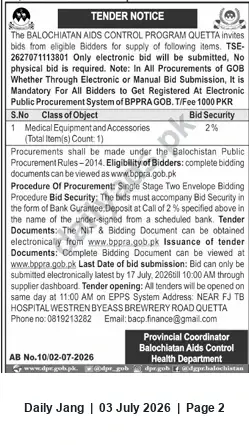 Newspaper clipping: Tender: Supply of Medical Equipment & Accessories — Balochistan AIDS Control Program, Quetta, Jang, 03 Jul 2026