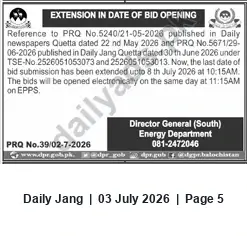 Newspaper clipping: Energy Department Quetta: Bid Submission Deadline Extended to 8 July 2026, Jang, 03 Jul 2026