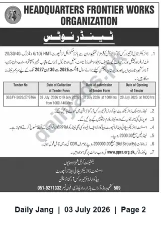 Newspaper clipping: FWO Tender for Hiring Mechanical Transport (HT) for Stores — Tender No. 362/FY-2026/27/ST6A, Jang, 03 Jul 2026