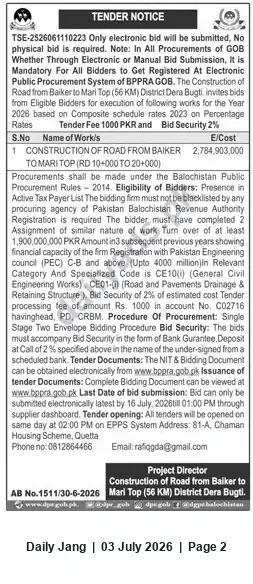 Newspaper clipping: Tender: Construction of 50 km Road from Baiker to Maripur — District Dera Bugti (Balochistan), Jang, 03 Jul 2026