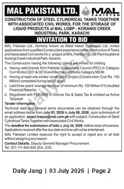 Newspaper clipping: Tender: Construction of Steel Cylindrical Tanks at Korangi Creek Industrial Park — MAL Pakistan Ltd., Jang, 03 Jul 2026