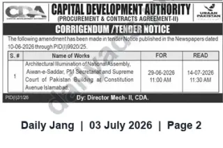 Newspaper clipping: CDA Corrigendum: Architectural Illumination Tender for National Assembly, PM Secretariat & Supreme Court (Constitution Avenue, Islamabad), Jang, 03 Jul 2026