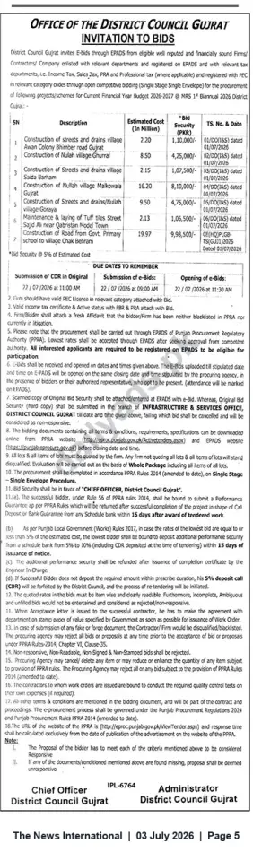 Newspaper clipping: District Council Gujrat Invitation to Bids — Road, Drainage & Nullah Works (Jul 2026), The News International, 03 Jul 2026