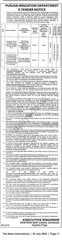 Newspaper clipping: Punjab Irrigation Dept. E-Tender — Concrete Lining Works, Eastern Bar Canal Division (Pakpattan) — Bids Close 2026-07-21, The News International, 03 Jul 2026