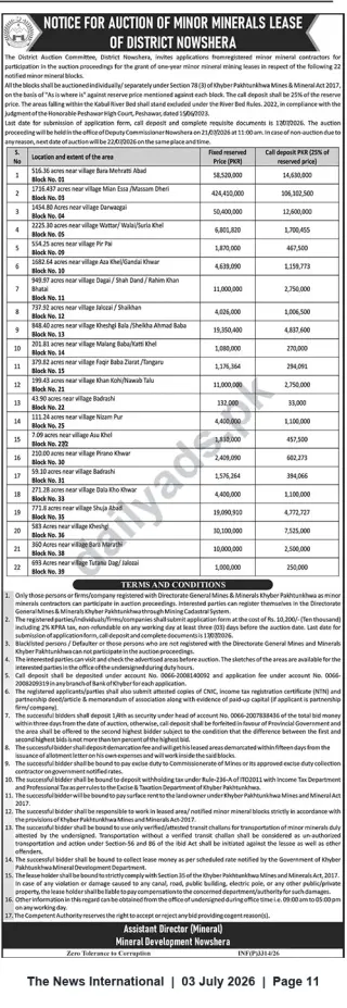 Newspaper clipping: Auction Notice — 22 Minor-Mineral Blocks in District Nowshera (Auction: 21 July 2026), The News International, 03 Jul 2026