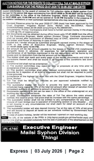 Newspaper clipping: Auction: Toll-Collection Rights at Mailsi Syphon / Barrage (20 Jul 2026 – 30 Jun 2027), Express, 03 Jul 2026