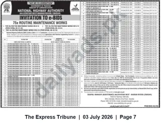 Newspaper clipping: NHA Invitation to e-Bids — 75 Routine Maintenance Works (Balochistan West-Makran, Gwadar), The Express Tribune, 03 Jul 2026