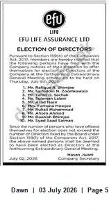Newspaper clipping: EFU Life Assurance Ltd — Notice of Election of Directors (July 2, 2026), Dawn, 03 Jul 2026