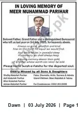 Newspaper clipping: In Loving Memory — Meer Muhammad Parihar (d. July 2025), Dawn, 03 Jul 2026