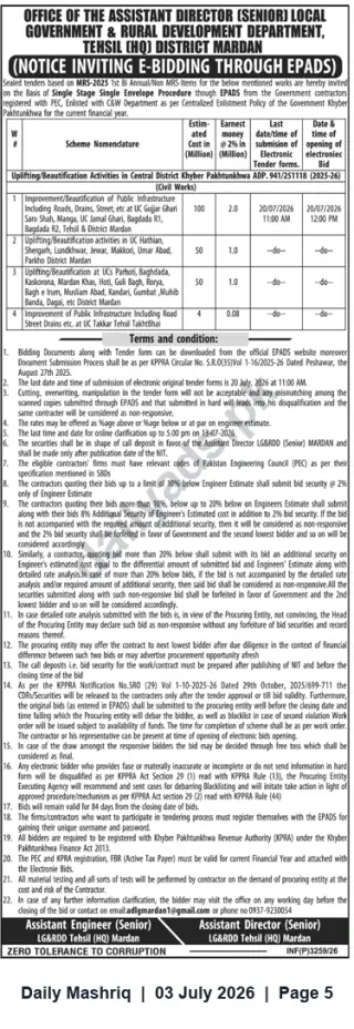 Newspaper clipping: Tender: Uplifting/Beautification & Public Infrastructure Works — Central District Mardan (e-Bidding via ePADS), Daily Mashriq, 03 Jul 2026