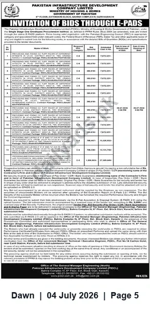 Newspaper clipping: PIDC Invitation of Bids via E-Procurement for Multiple Works in Karachi, Dawn, 04 Jul 2026