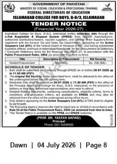 Newspaper clipping: Tender: Stationery Procurement — Islamabad College for Boys (FY 2026–27), Dawn, 04 Jul 2026
