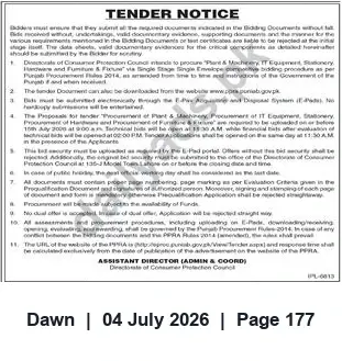 Newspaper clipping: Tender: Procurement of Plant & Machinery, IT, Stationery, Hardware & Furniture — Directorate of Consumer Protection Council, Dawn, 04 Jul 2026