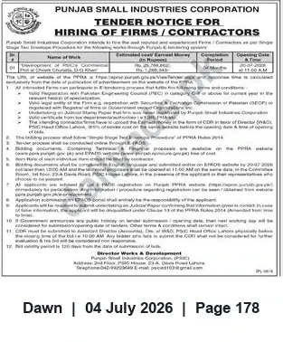 Newspaper clipping: Punjab Small Industries Corporation Tender for Hiring Firms/Contractors, Dawn, 04 Jul 2026