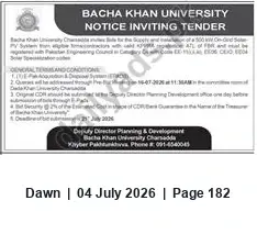 Newspaper clipping: Bacha Khan University — Notice Inviting Tender, Dawn, 04 Jul 2026