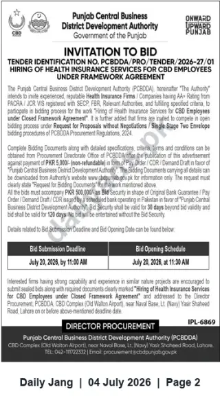 Newspaper clipping: PCBDDA Tender: Hiring Health Insurance Services for CBD Employees (Closed Framework Agreement), Jang, 04 Jul 2026