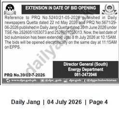 Newspaper clipping: Energy Department (South), Quetta — Bid Deadline Extended to 8 July 2026, Jang, 04 Jul 2026