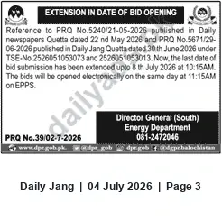 Newspaper clipping: Energy Department (South) — Bid Submission Deadline Extended to 8 July 2026, Jang, 04 Jul 2026