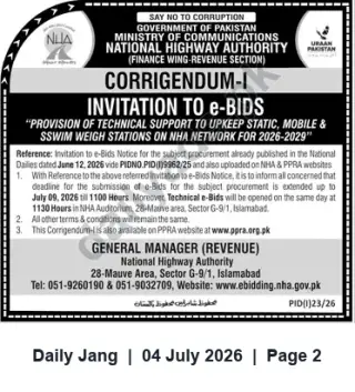 Newspaper clipping: NHA Corrigendum: Bid Deadline Extended to 09 July 2026 for Technical Support to Weigh Stations (2026–2029), Jang, 04 Jul 2026
