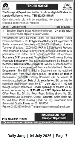 Newspaper clipping: Tender: Supply of Electric Buses with Chargers for Quetta Feeder Routes, Jang, 04 Jul 2026