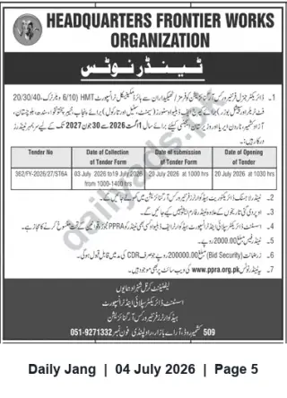 Newspaper clipping: FWO Tender for Hire of Mechanical Transport for FWO Stores (01 Aug 2026–30 Jun 2027), Jang, 04 Jul 2026