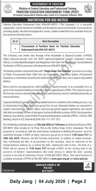 Newspaper clipping: Invitation to Bid — Procurement of Furniture Items for Pakistan Education Endowment Fund (PAK-EEF-NEST), Jang, 04 Jul 2026