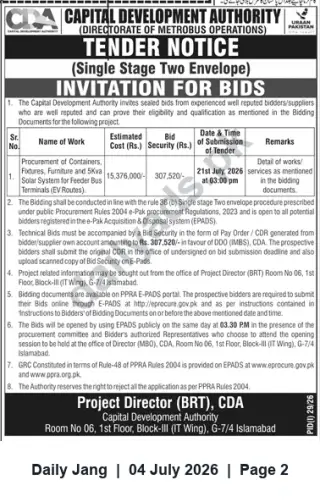 Newspaper clipping: CDA Tender: Procurement of Containers, Furniture & 5kVA Solar System for Feeder Bus Terminals (Single-Stage Two-Envelope), Jang, 04 Jul 2026