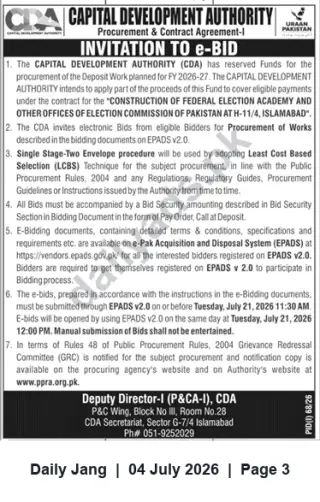 Newspaper clipping: CDA e-Bid: Construction of Federal Election Academy & ECP Offices at H-11/4 Islamabad (Deposit Work FY 2026-27), Jang, 04 Jul 2026