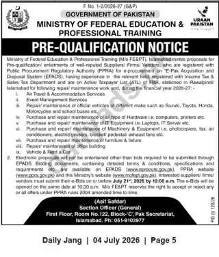 Newspaper clipping: MoFE&PT Islamabad Pre-Qualification Notice for Suppliers — e-Bids Due 2026-07-21, Jang, 04 Jul 2026