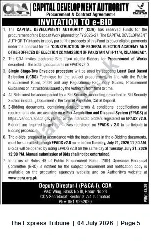 Newspaper clipping: CDA e-Bid: Construction of Federal Election Academy & ECP Offices at H-11/4 Islamabad, The Express Tribune, 04 Jul 2026