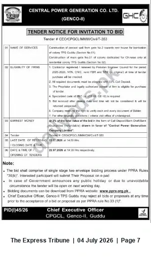 Newspaper clipping: CPGCL (GENCO-II) Guddu Tender for Construction Works — Tender #CEO/CPGCL/MMM/C/T-353, The Express Tribune, 04 Jul 2026