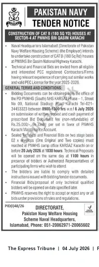 Newspaper clipping: Pakistan Navy Tender: Construction of CAT-B (180 sq yd) Houses at PNWHS Bin Qasim, Karachi, The Express Tribune, 04 Jul 2026