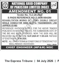 Newspaper clipping: NGC Tender TLC-28-2025: Rehabilitation of 220kV Sibbi–Quetta Transmission Line — Submission Extended, The Express Tribune, 04 Jul 2026