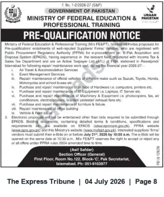 Newspaper clipping: Mo FE&PT Pre-Qualification Notice for Suppliers — Rawalpindi/Islamabad (FY 2026-27), The Express Tribune, 04 Jul 2026