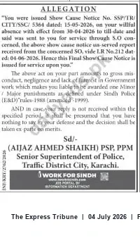 Newspaper clipping: Final Show-Cause Notice for Willful Absence — Traffic District City Karachi, The Express Tribune, 04 Jul 2026