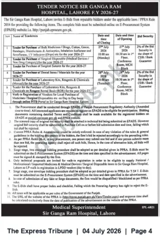 Newspaper clipping: Sir Ganga Ram Hospital Lahore e-Tenders for Medicines, Surgical Supplies & Laboratory Consumables FY 2026-27, The Express Tribune, 04 Jul 2026