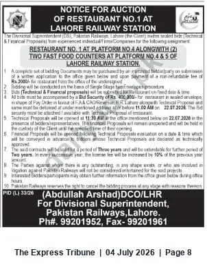 Newspaper clipping: Auction: Restaurant No.1 and Two Fast-Food Counters at Lahore Railway Station — Bids due 2026-07-22, The Express Tribune, 04 Jul 2026