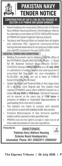 Newspaper clipping: Pakistan Navy Tender: Construction of CAT B (180 sq yd) Houses at PNWHS Bin Qasim, Karachi, The Express Tribune, 04 Jul 2026