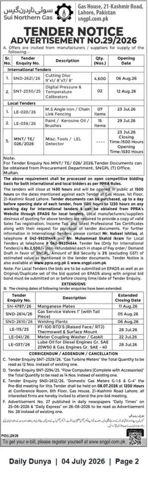 Newspaper clipping: Sui Northern Gas (SNGPL) Tender Notice Advertisement No.29/2026 – International & Local Tenders, Dunya, 04 Jul 2026