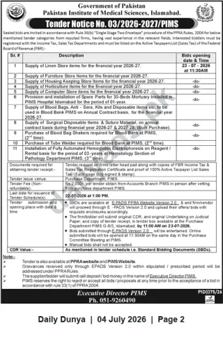 Newspaper clipping: PIMS Tender Notice No. 03/2026-2027 — Supply & Service Contracts for FY 2026-27, Dunya, 04 Jul 2026