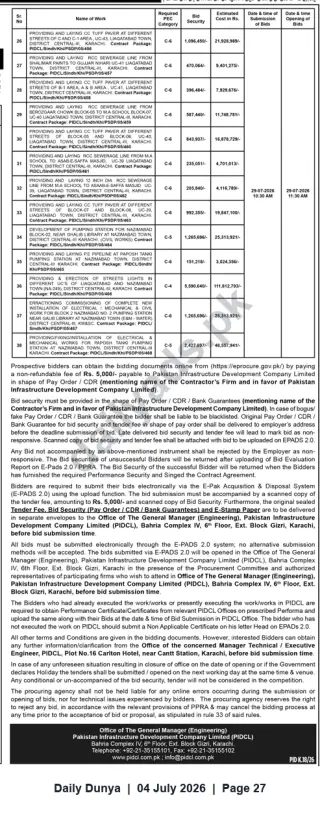 Newspaper clipping: PIDCL Tenders for Road, Sewerage, Pumping and Electrical Works in Liaquatabad & Nazimabad (Karachi) — Bid Deadline 2026-07-29, Dunya, 04 Jul 2026