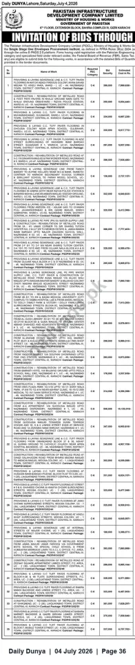 Newspaper clipping: PIDCL Invitation of Bids — Multiple Road, Sewerage & Paver Works in Karachi (Procurement Category C-6), Dunya, 04 Jul 2026