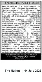 Newspaper clipping: Public Notice: Application for Letter of Administration / Succession Certificate — Farhat Noureen for Nazir Bibi (App. No. 3210255122022), The Nation, 04 Jul 2026