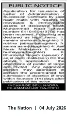 Newspaper clipping: Public Notice: Application for Succession Certificate for Malik Muhammad Nazir, The Nation, 04 Jul 2026