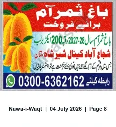 Newspaper clipping: Mango Orchard (200 acres) for Sale near Shujaabad Canal, Sher Shah Man, Nawa-i-Waqt, 04 Jul 2026