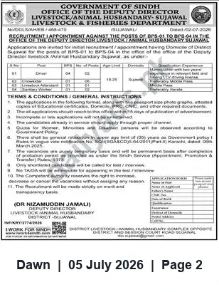 Newspaper clipping: Livestock & Fisheries Dept Sujawal — Recruitment for BPS-01 to BPS-04, Dawn, 05 Jul 2026