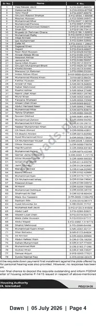 Newspaper clipping: Final Notice from Housing Authority to Plot Allottees to Deposit Outstanding Installments, Dawn, 05 Jul 2026