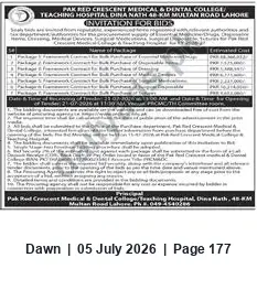 Newspaper clipping: Invitation for Bids — Pak Red Crescent Medical & Dental College Teaching Hospital, Lahore, Dawn, 05 Jul 2026