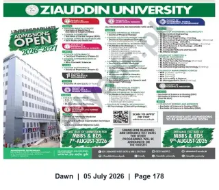 Newspaper clipping: Ziauddin University Undergraduate Admissions 2026–2027 – MBBS/BDS Deadline 2026-08-07, Dawn, 05 Jul 2026